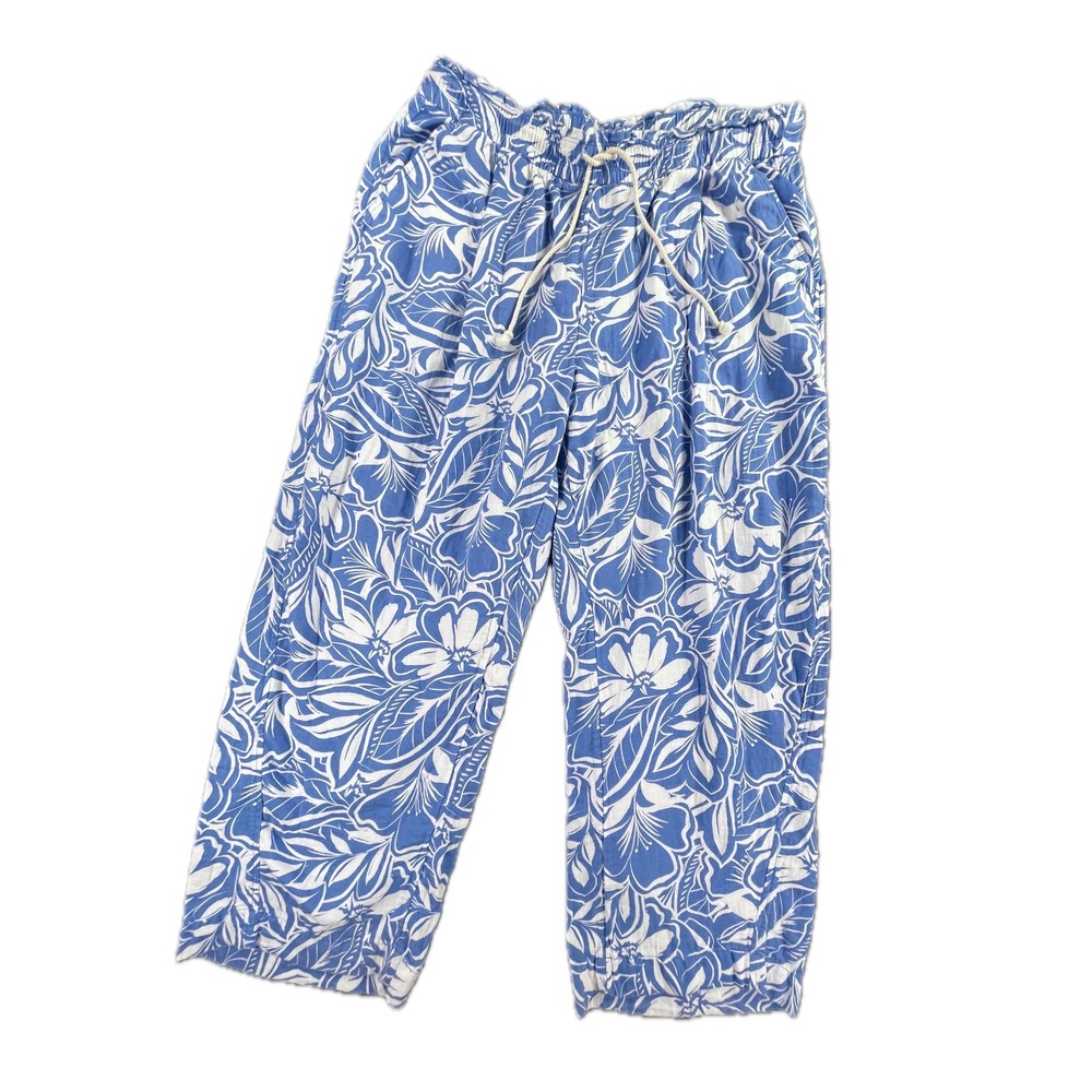 Old Navy Barrel Leg Floral High-Rise Pants XL Blue White Cotton Tropical Summer